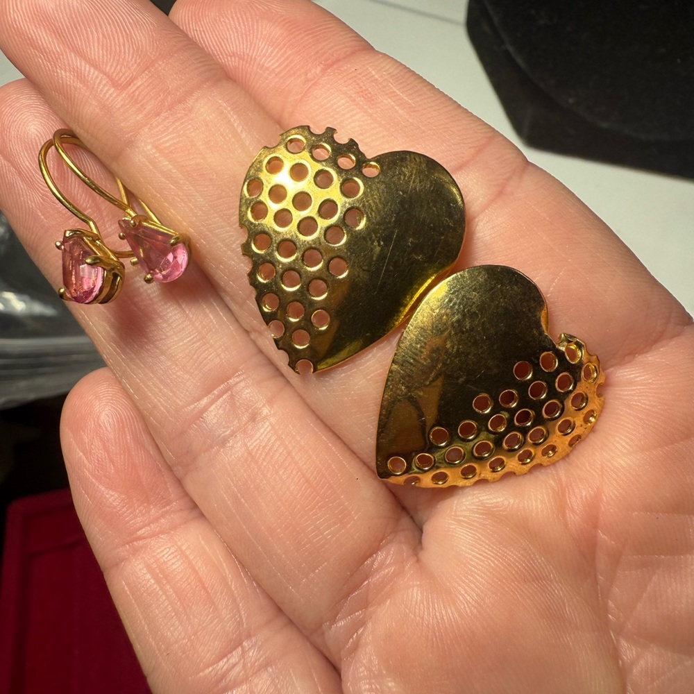 Gold Tone Heart Earrings And Pink Stone Teardrop Earrings
